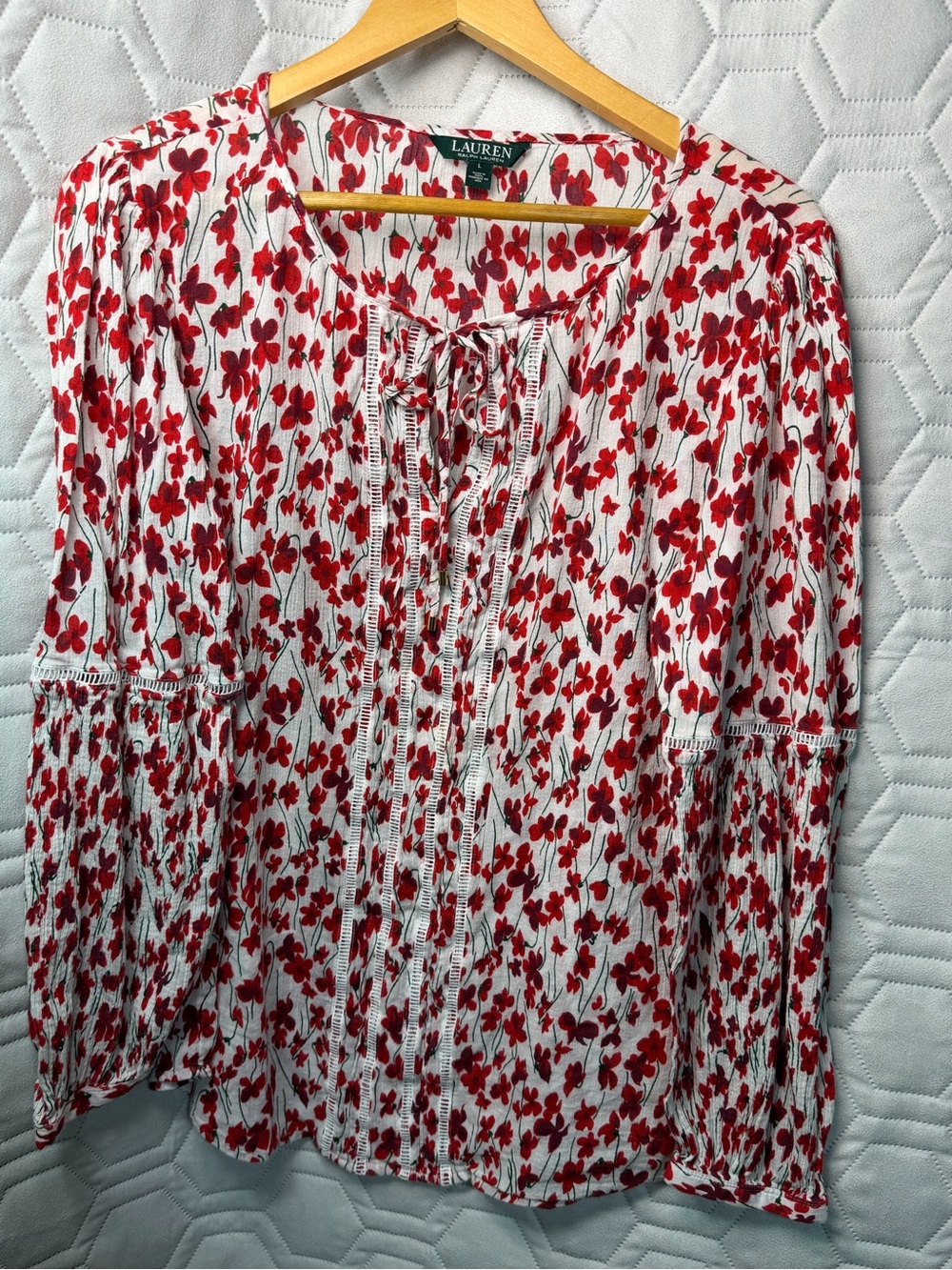 Ralph Lauren White Blouse Women’s with Red Floral Print Summer L